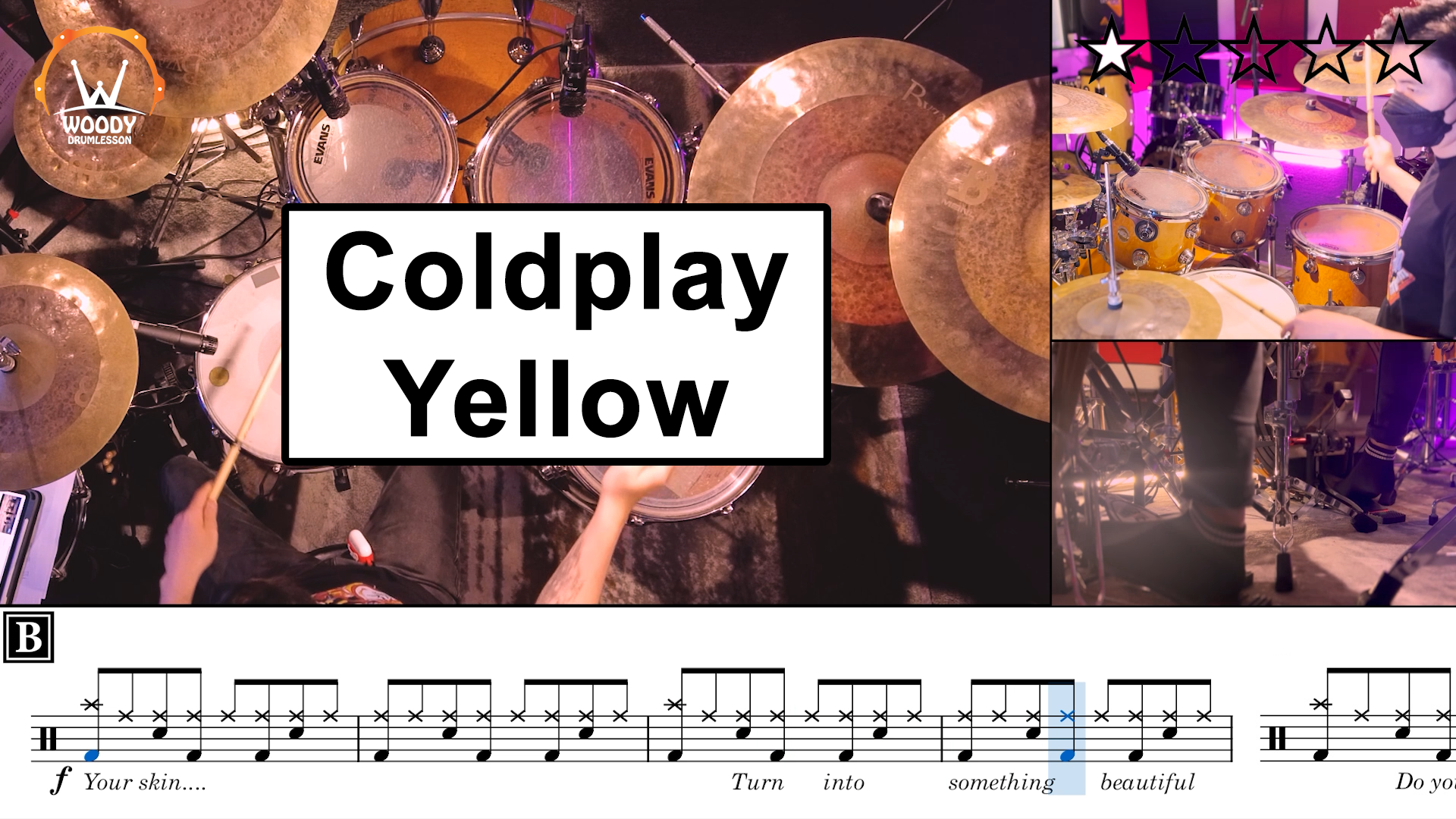 ColdPlay - Yellow - DrumSheet Lesson (★☆☆☆☆)
